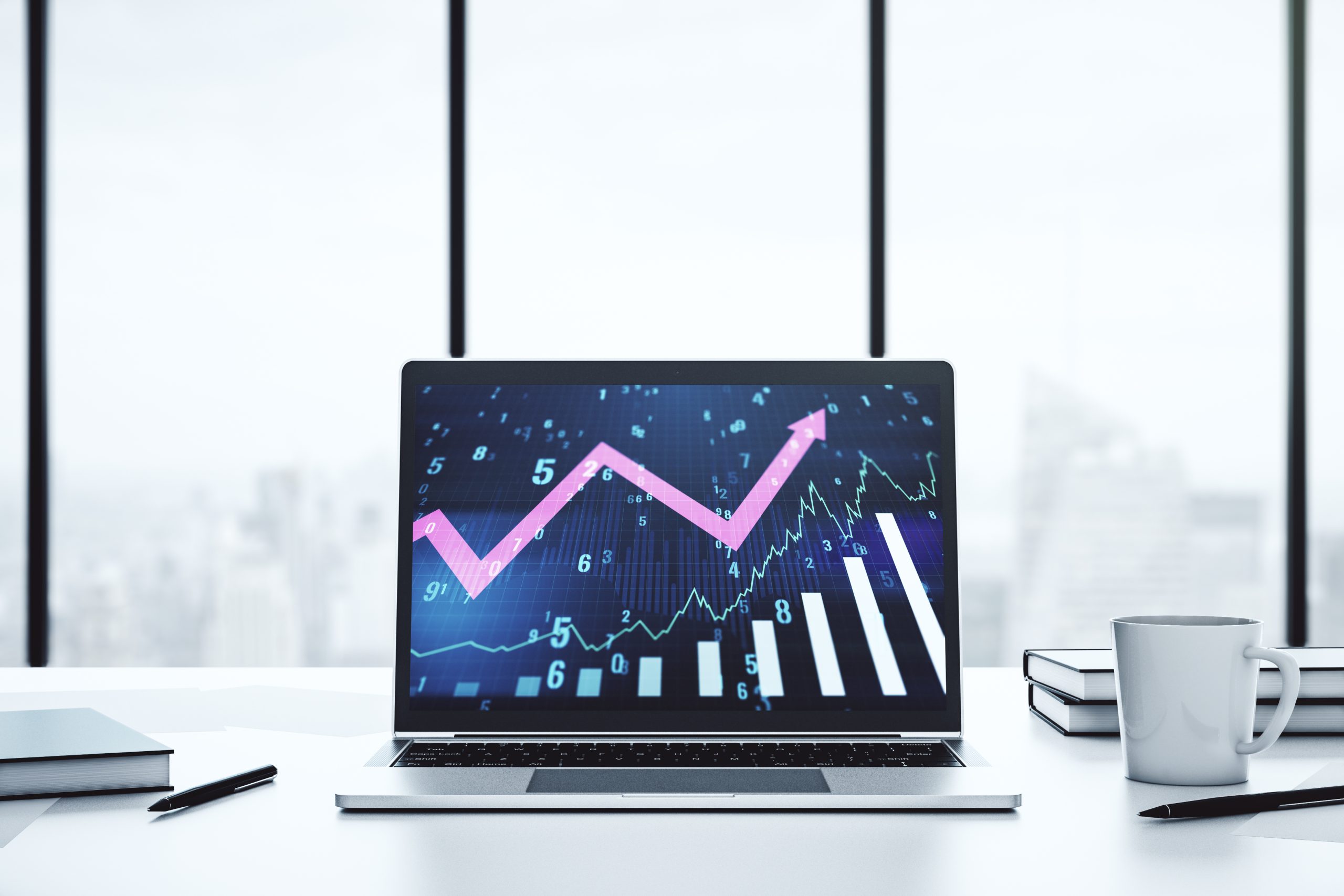 Abstract creative financial graph with upward arrow on modern laptop screen, forex and investment concept. 3D Rendering
