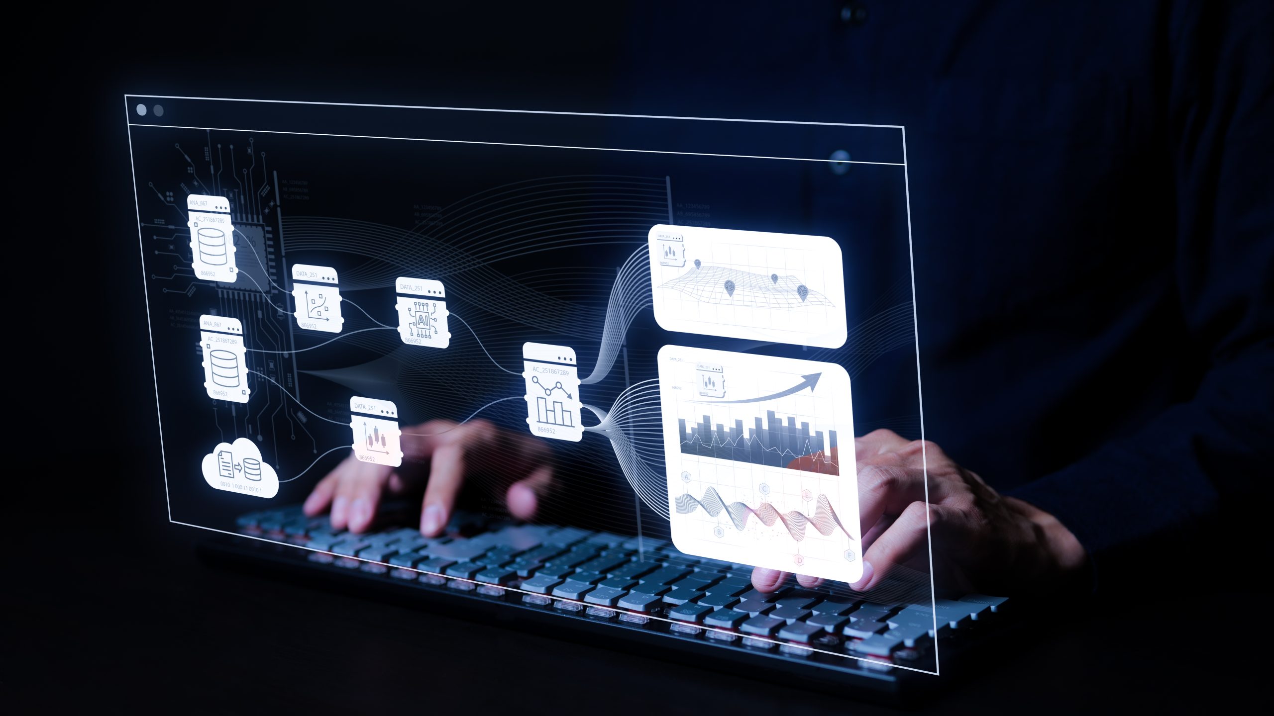 Analyst analyzing enterprise data management on the dashboard screen, business analytics with charts, metrics and KPI to improve organizational performance, marketing, financial organization strategy.