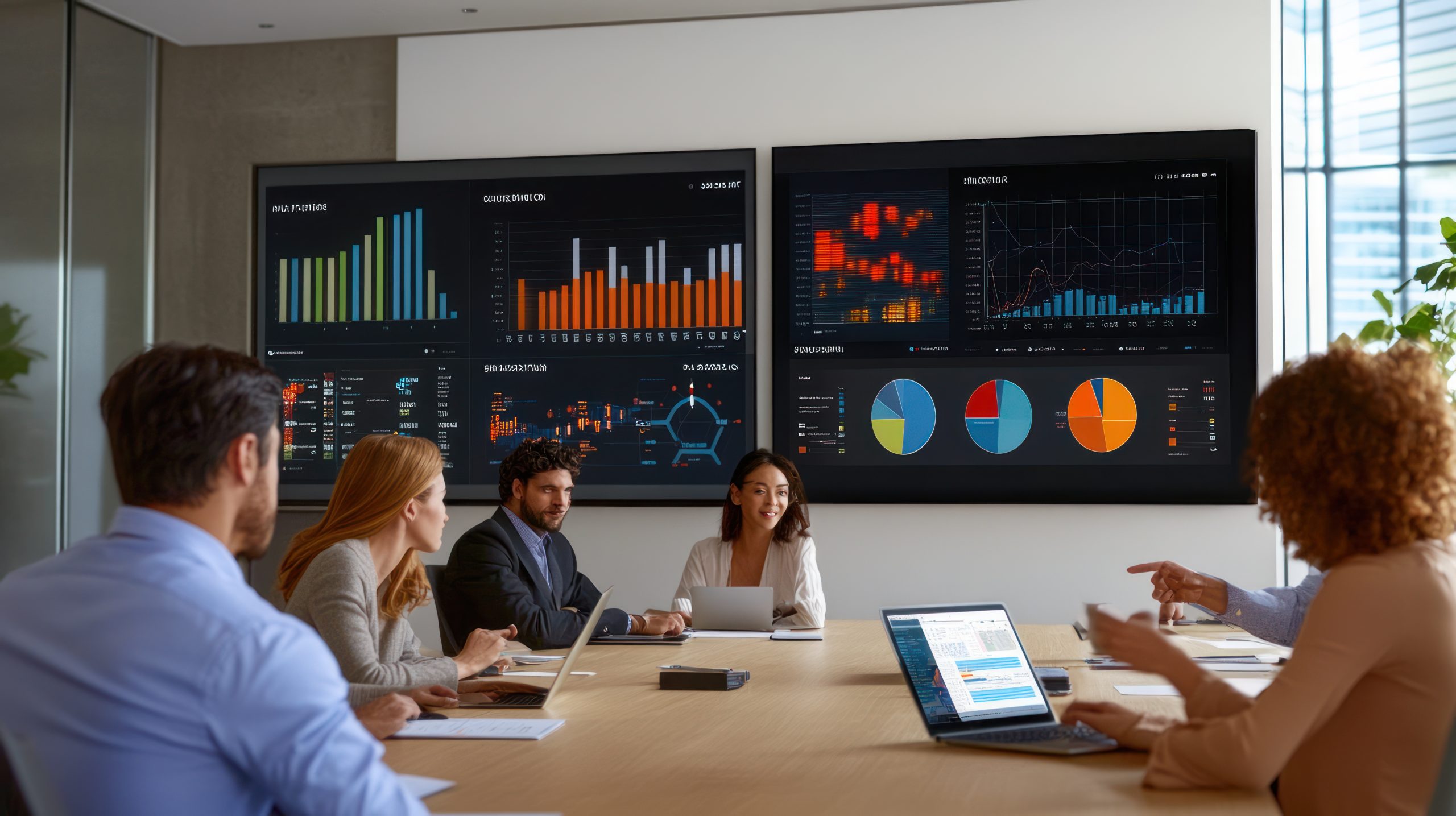 Business team analyzing data on large screens in modern office